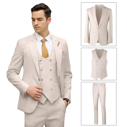 Mens Suit Slim Fit 3 Piece Double Breasted Suit Men Formal Tuxedo Set Casual Wedding Prom Groom Suits