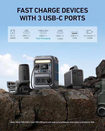 Anker Solar Generator SOLIX C300 with 60W Solar Panel, 288Wh Portable Power Station, 300W (600W Surge), LiFePO4 Battery, 140W Two-Way Fast Charging, for Outdoor Camping, Traveling, and Emergencies
