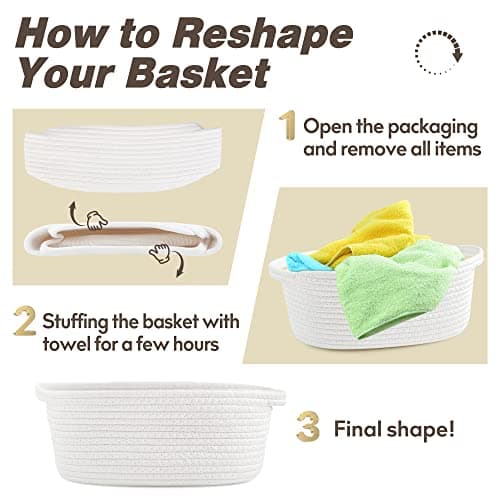 Pro Goleem Small Woven Basket with Gift Bags and Ribbons Durable Baskets for Halloween Gifts Empty Small Rope Basket for Storage 12"X 8" X 5" Baby Toy Baskets with Handles, White