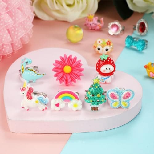 PinkSheep Little Girl Jewel Rings in Box, Adjustable, No Duplication, Girl Pretend Play and Dress Up Rings (24 Lovely Ring)