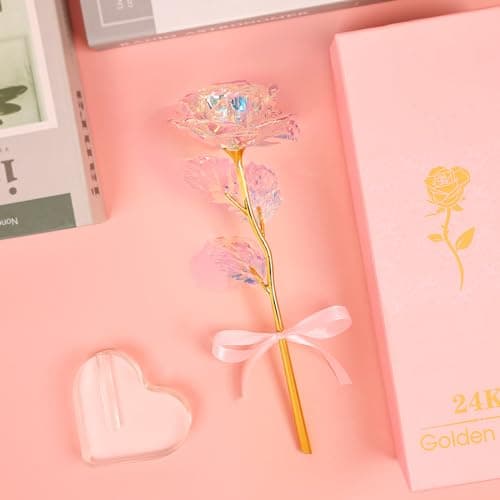 Beferr Gifts for Women Mom Galaxy Rose Glass Crystal Flowers with Heart-Shaped Base Eternal Roses Forever Flowers Mother's Birthday Gifts for Grandma Daughters Wife Sister Kids