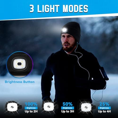 Christmas Stocking Stuffers for Men Adults, Beanie Hats with Light, USB Rechargeable LED Hand Free Headlamp, Birthday Gifts for Men, Women, and Teens, Ideal for Camping, Hiking, Black