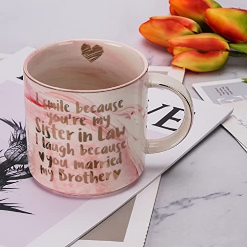 Hendson Sister In Law Gifts for Christmas - Funny Sister In Law Birthday Gift, Sis Engagement, Wedding Gift, New Sis InLaw, SIL To Be, Christmas - I Smile Because - Pink Marble Mug, 11.5oz Coffee Cup