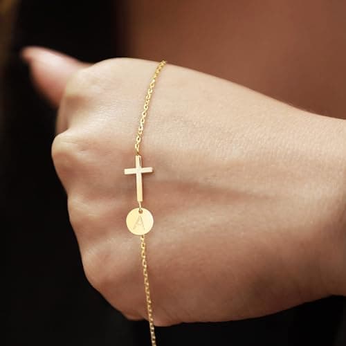 HiStock Sotcking Stuffers for Teens, Cross Bracelet for Women Dainty Cross Bracelet with Initials Link Chain Bracelets Christian Gifts for Women Teens Easter Baptism Religious Jewelry
