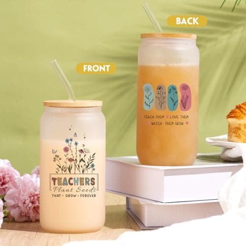 Teacher Appreciation Gifts Best Teacher Gifts from Student End of Year Teachers Gift for Women Unique 16 oz Teacher's Day Glass Cups for Teachers, Thank You Retirement Birthday Back to School(Frosted)