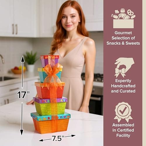 Broadway Basketeers Birthday Gift Basket Tower – Snack Boxes with Gourmet Cookies, Chocolates & Popcorn – Happy Birthday Gifts for Women, Mom, Sister, Friends & Coworkers