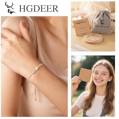 HGDEER Natural Crystal Bracelet 13th 16th Birthday Gifts for Girls - Rose Quartz Moonstone Aquamarine Healing Stones Jewelry with Meaning Card for Daughter Granddaughter
