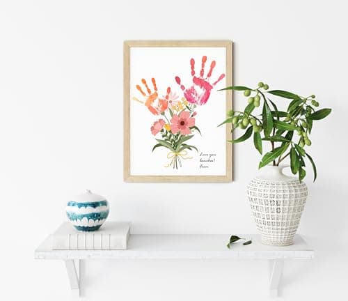 TwoDays Flower Bouquet Handprint Art Craft DIY Kit, Unique Gifts for Mom from Daughter or Son for Mother's Day Birthday Christmas, Gift for Grandma.(12" X 16", with Wood Frame)