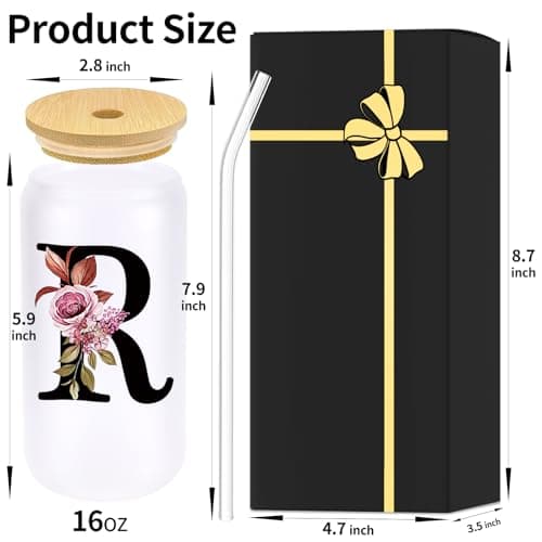 Monogrammed Glass Drinking Cup With Lid Straw Women Happy Birthday Christmas Xmas Day Holiday for Female Teacher Aunt Big Small Sister in Law Mother Stepmother Weding Groom Bride Officiant Gift,R