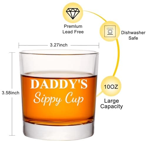 Daddy's Sippy Cup Whiskey Glass Set In Gift Box, Funny unique Gifts for New Dad, Father, Papa, Husband, Father's Day Gifts From Wife - 10 Oz Old Fashioned Glass & Ice Ball Mold & Coaster & Gift Card
