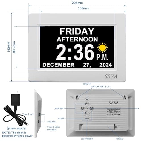 SSYA Digital Calendar Alarm Clock - Dementia Clocks for Seniors, Non-Abbreviated Memory Loss Clock with Date and Time for Elderly (White)