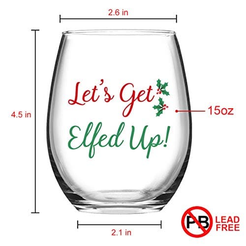 Let's Get Elfed Up Christmas Wine Glass, 15 Oz Funny Stemless Wine Glasses for Women Friends Men, Gift Idea for Christmas Wedding Party, Set of 2