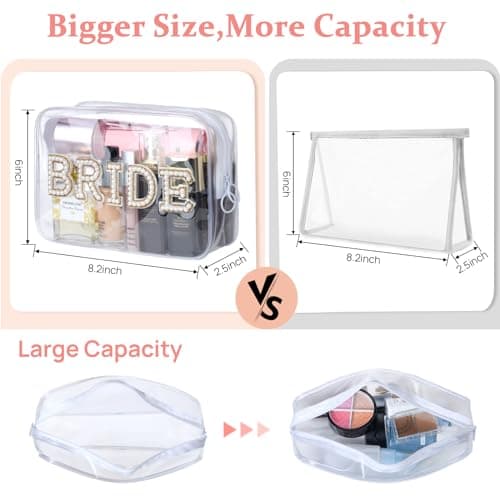 Etercycle Bride Clear Makeup Bag, Bridal Shower Gifts Engagement Cosmetic Bag, Bling Pearl Rhinestone Letter Patches Waterproof PVC Travel Organizer for Women Wedding Bachelorette Party (Gold)