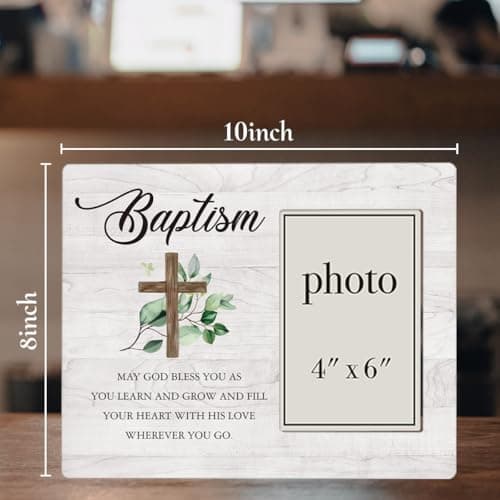 Baptism Picture Frame, Baptism Gifts for Boys, Christening Gifts for Girls, Catholic Baby Gift Wood Photo Frame, 4 x 6 Inch Photo