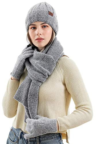 Womens Winter Warm Knit Beanie Hat Touchscreen Gloves Long Neck Scarf Set with Fleece Lined Skull Caps Gifts for Women