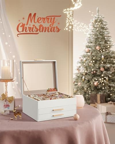 SONGMICS Jewelry Box Organizer with Glass Lid, 3-Layer Jewelry Storage, with 2 Drawers, Modern Style, Christmas Gift, 8 x 9.1 x 5.3 Inches, Cloud White and Gold Color UJBC239WT