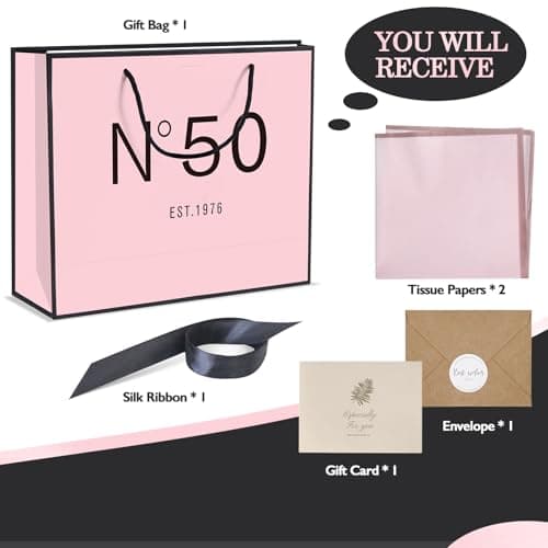 13" Birthday Gift Bag with Card Envelope Sticker Bow Ribbon and Tissue papers for Women Girls Design with Handles,13th-100th (EST.1975 50th, 13" W x 10.5" H x 4.3" D)