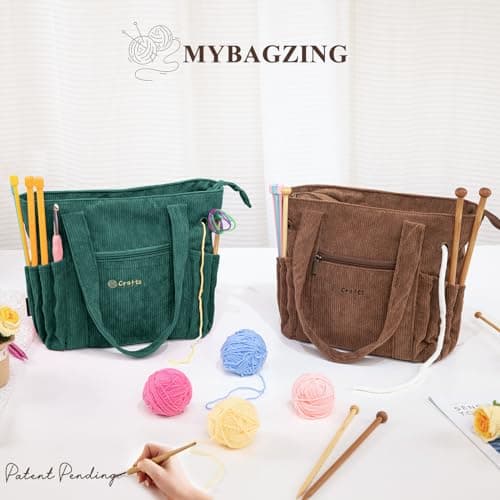 Crochet Bag and Tote - Corduroy Yarn Bag - Yarn Holder for Crocheting - Crochet Storage Bag for Crochet Hooks, Crochet Accessories, Knitting Bag for Crochet Lovers, Mother's Day Gift