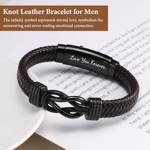Men's Bracelets Gifts for Men - Brown Braided Leather Infinity Knot Bracelets Engraved Love Massage for Son Man Husband Boyfriend, Personalized Mens Bracelets Jewelry Gift for Birthday Christmas