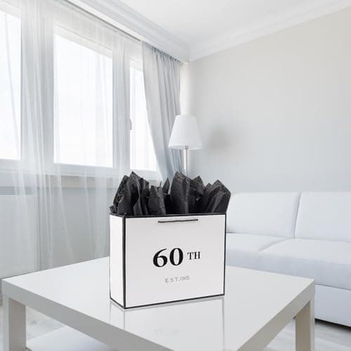 Jaywayang 60th Birthday White and Black Large Gift Bag with Card and Tissue Paper, Metallic Printing Keepsake Gift Vintage Bag for Men Women, 1965 Mom Dad 60 Year Old Party Paper Bag for Gifts Wrapping, Anniversary.