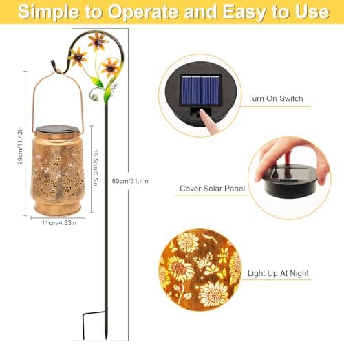 Sunflower Solar Lanterns Outdoor Waterproof, Christmas Gifts for Women Mom Grandma, Metal Hanging Lantern Solar Lights LED Decoration with Shepherd Hook Outside for Yard, Patio, Porch, Garden Decor