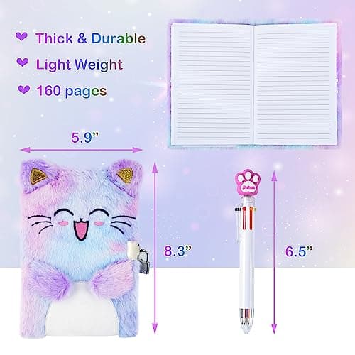 Cat Diary with Lock, Gift for 6 7 8 Year Old Girl, Secret Diary Journal Notebook with Coin Purse, Multicolored Pen, Post-it Note, Stickers, Practical Gift for Birthday (A Happy Cat)