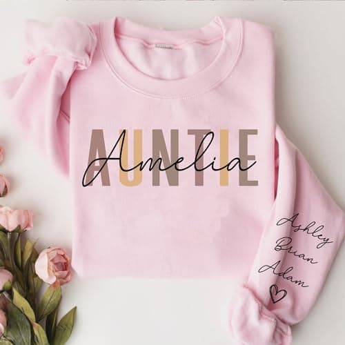 DILYPOD Personalized Auntie Name Sweatshirt, Custom Auntie with Kids Names On Sleeve, Aunt Sweatshirt, Aunt Gift, Christmas Shirt for Women, Gift for Mothers Day Womens Day Birthday