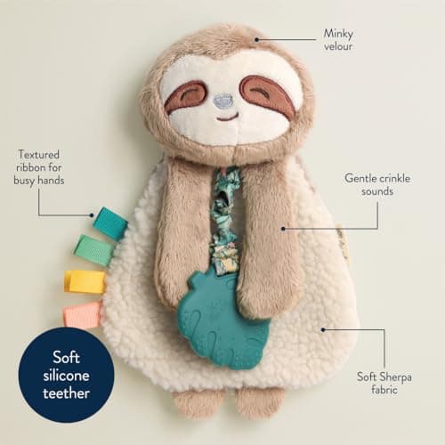 Itzy Ritzy - Itzy Lovey Including Teether - Baby Lovey with Teether, Textured Ribbons & Dangle Arms - Features Crinkle Sound, Sherpa Fabric and Minky Plush (Sloth)
