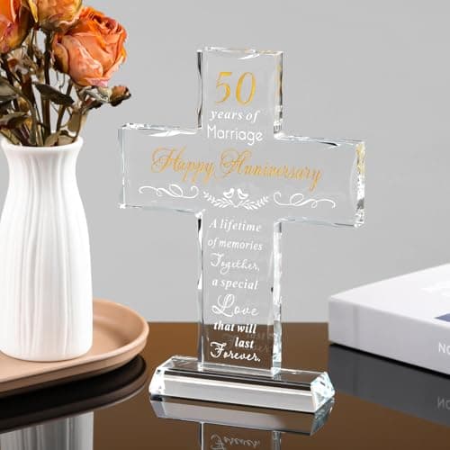 YWHL 50th Wedding Anniversary Religious Cross Gifts for Women Men, 50 Year Anniversary Romantic Gift for Him Her, Laser Engraved Glass Standing Cross Keepsake for Couple, 50 Years of Marriage Present