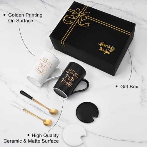 YHRJWN 25th Anniversary Presents, 25th Wedding Anniversary Presents for Couple Parents, 25th Mr Right Mrs Always Right Coffee Mugs, His and Hers Gifts, 14 Oz with Lids, Spoons and Gift Box