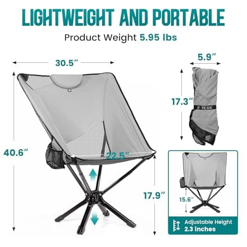 TCEK TCEK Portable High Back Camping Chair with Adjustable Height, Small Compact Outdoor Folding Chair for Adults Travel, Riselite Collapsible Lightweight Packable Camp Chairs, Easy Carry and Quick Setup