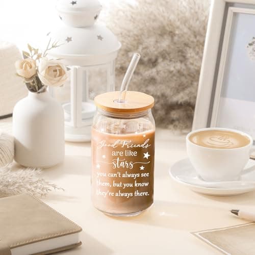 Zhehao 8 Pack Friendship Gifts for Women Friends Gifts Bulk 16oz Iced Coffee Glasses with Bamboo Lids and Straws for Sister Friend Holiday Birthday Party Drinking