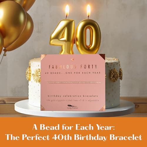 Lucky Feather 40th Birthday Gifts Women | Cute 14k Gold Dipped Beads Bracelet | Fabulous Forty Milestone Bracelet | 40th Birthday Bracelets For Women | Adjustable 7"- 8" Cord | 40 and fabulous