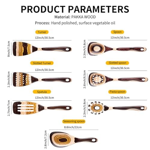 Gudamaye 7-Piece Brown Pakkawood Utensils Set – Sturdy, Eco-Friendly, Wooden Spoons for cooking, Wooden Utensil for cooking, Wooden Kitchen Tool, Home & Kitchen Gifts for Men and Women