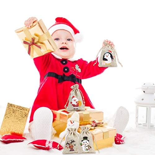 CCINEE 36pc Christmas Linen Bags with Drawstrings Christmas Burlap Goody Gift Bags with Double Jute Drawstrings, 4 designs Snowman, Santa Claus, Penguin and Reindeer