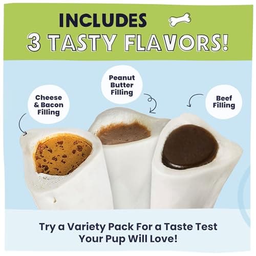 Pawstruck Large 5-6” Filled Dog Bones Variety Pack - Peanut Butter, Cheese & Bacon, Beef Flavors - Made in USA, Long Lasting Stuffed Femur Treat for Aggressive Chewers - Pack of 3, Packaging May Vary