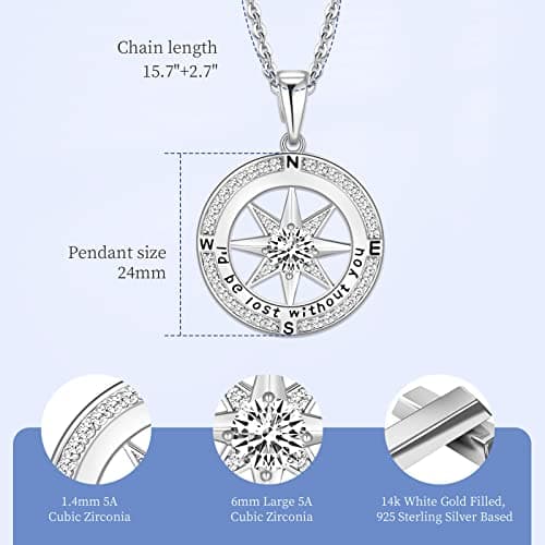 Mkhhy Compass Necklace for Women Jewelry For Her White Gold and Yellow Gold I'd Be Lost Without You(18k Real Gold Filled With S925)