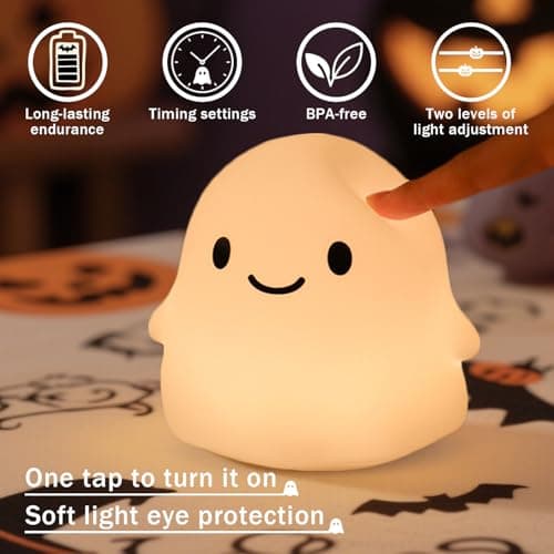 Ghost Night Light for Kids, Squishy Silicone Lamp - 50H Low/12H High, 2 Brightness, Tap-Control, USB Rechargeable, for Kids Halloween Decor & Nursery, Great Ghost Gifts