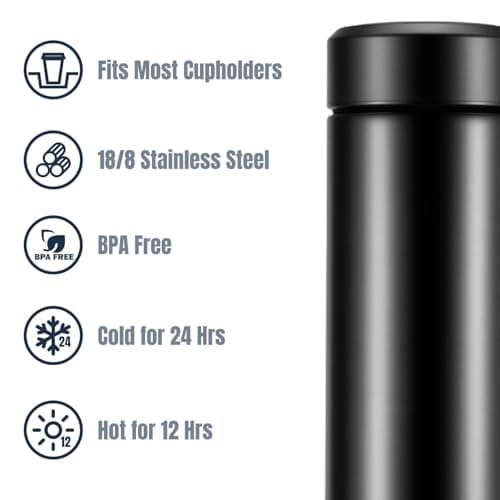 17oz Stainless Steel Water Bottles, Slim Water Bottle, Thermo Water Bottle, Insulated Water Bottle Keep Hot for 12 Hrs, Cold for 24 Hrs for Coffee, Drinks(Black)