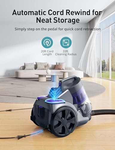 Aspiron 1700W Canister Vacuum Cleaner, 45Kpa Bagless Vacuum Cleaner, Multi-Cyclonic Filtration, 2 Anti-Allergen HEPA Filters, 3.5QT Dust Cup, 4 Tools, Corded Vacuum for Hard Floor, Pet Hair, Violet
