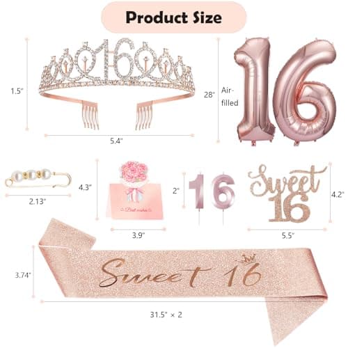 Sweet 16 Birthday Party Decorations for Girls, Sweet 16 Sash and Tiara, Cake Toppers, Number Candles and Balloons, 16th Birthday Gifts for Girls