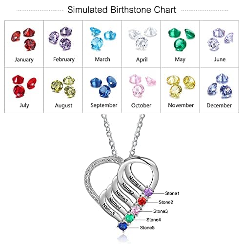 Jeweidea Personalized Heart Necklace with 2-6 Simulated Birthstones Custom Name Mother Daughter Chain Pendant for Women Mom Birthday