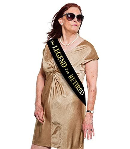 The Legend Has Retired Sash – Elegant Black and Gold Foil Legendary Sash for Both Women and Men & a Large Gold Safety Pin. Perfect for Retirement Parties