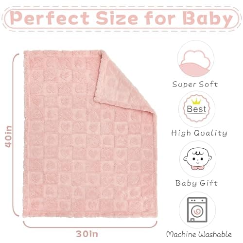 Yurhap Fleece Baby Blanket Heart Checkered Blanket, Ultra Soft Cozy Baby Blankets for Girls Boys, Fluffy Infant Toddler Newborn Receiving Blankets for Crib Stroller 30”×40” (Light Pink)