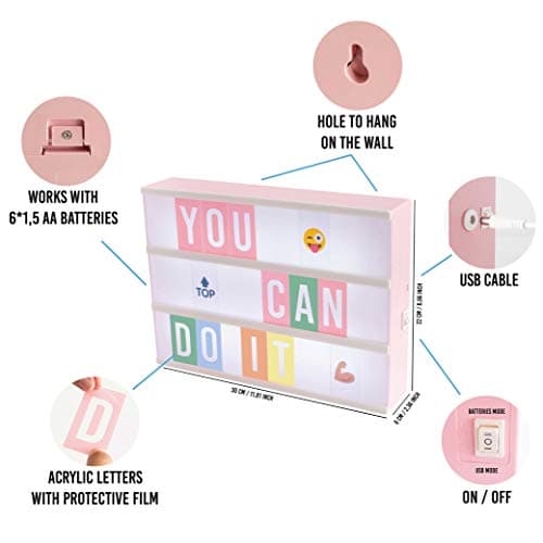 Pink Cinema Light Box with 400 Letters, Emojis, 2 Markers - BONNYCO | Led Light Box Home Office & Room Decor | Cinema Led Sign Letters Board Gifts for Women and Girls Christmas Birthdays | Pink Decor