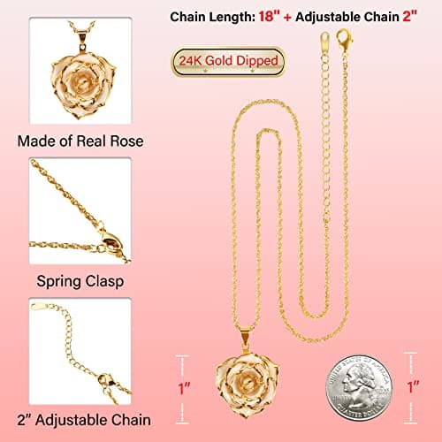 AliveRose Real Rose Gold Dipped Necklace Gifts for Women, 24K Gold Dipped Rose Pendant Necklace Jewelry Mothers Day Anniversaries Birthday Christmas Special Occasions Gifts for Her Mom Wife