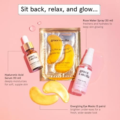 grace & stella Award-Winning Skin Care Set - Birthday Gifts for Women - Travel Essentials with Gold Eye Masks, Hyaluronic Acid Serum & Rose Spray - Bachelorette Party Favors, Teen Girl Gifts - Vegan
