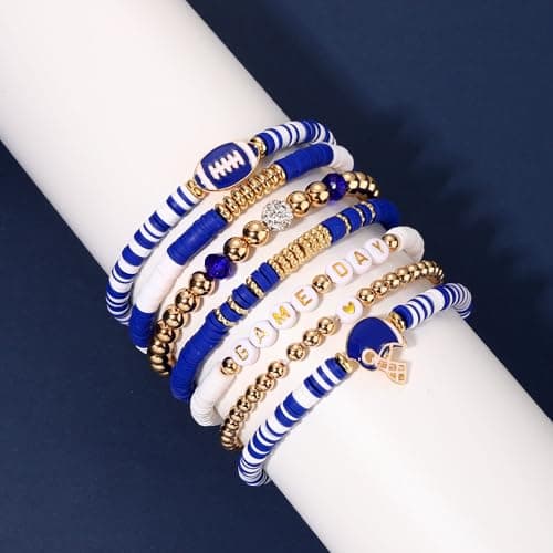 Game Day Bracelets for Women - Red, Black, Blue Heishi Clay Beaded Stretch Bracelets - Stackable Sports Charm Bracelet Bangles - Football Mom Accessories & Outfits Jewelry Gifts