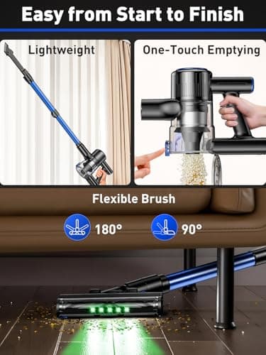 Cordless Vacuum Cleaner, 45KPA 8 in 1 Lightweight Vacuum Cleaners for Home, 50Mins Anti-Tangle Stick Vacuum, LED Display, Rechargeable Vacuum for Pet Hair/Carpet/Floor (Blue)