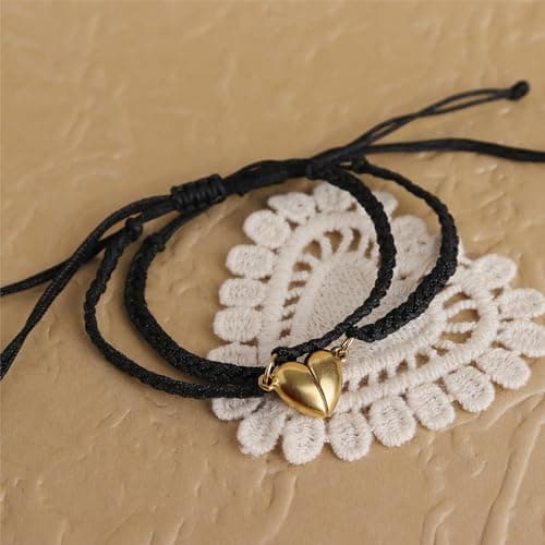 Matching Bracelets for Couples, Gold Heart Initial Friendship Adjustable Bracelet Women Cute Match Charm Letter Name Black Braided Rope Valentines Bf Gf Friends Jewelry Gift